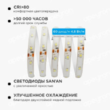 Светодиодная влагозащищенная лента Apeyron 4,8W/m 60LED/m 3528SMD холодный белый 5M 10-26